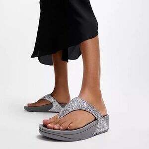 FitFlop Lulu Crinkled Shimmer Toe Silver Glitter Thong Sandals Comfort Slip On
